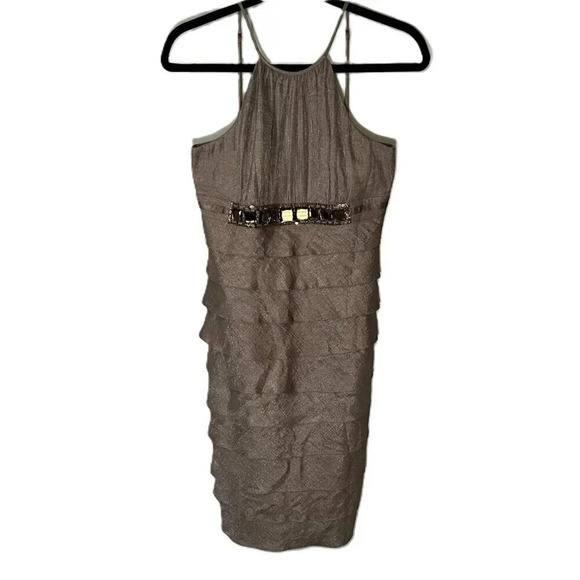 Adrianna Papell Tiered Pewter Dress Sz 6 Gem Jewel Embellishments High Neck - Picture 1 of 8